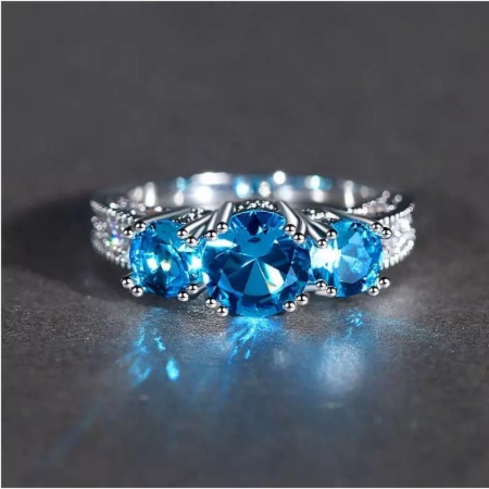 Ring Aquamarine Gemstone Three Stone Prong RA15